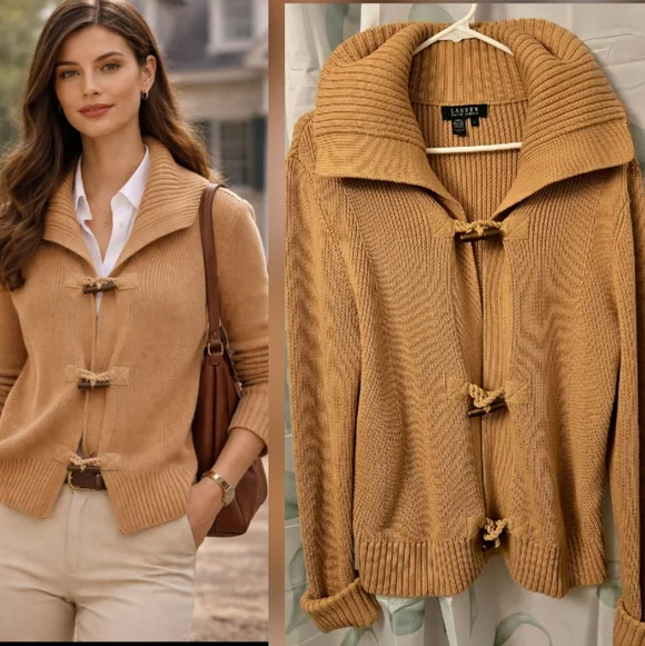 Gorgeous Ralph Lauren Camel Shawl-Collar Fisherman Toggle Cardigan Size Large - Picture 1 of 6